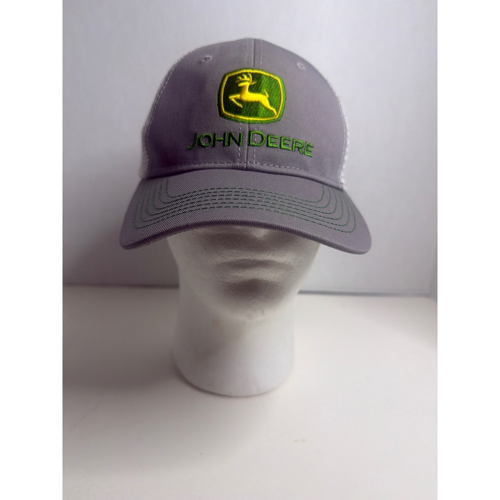John Deere Mens Grey White Mesh Snapback Trucker Hat Tri-County Equip TN Logo